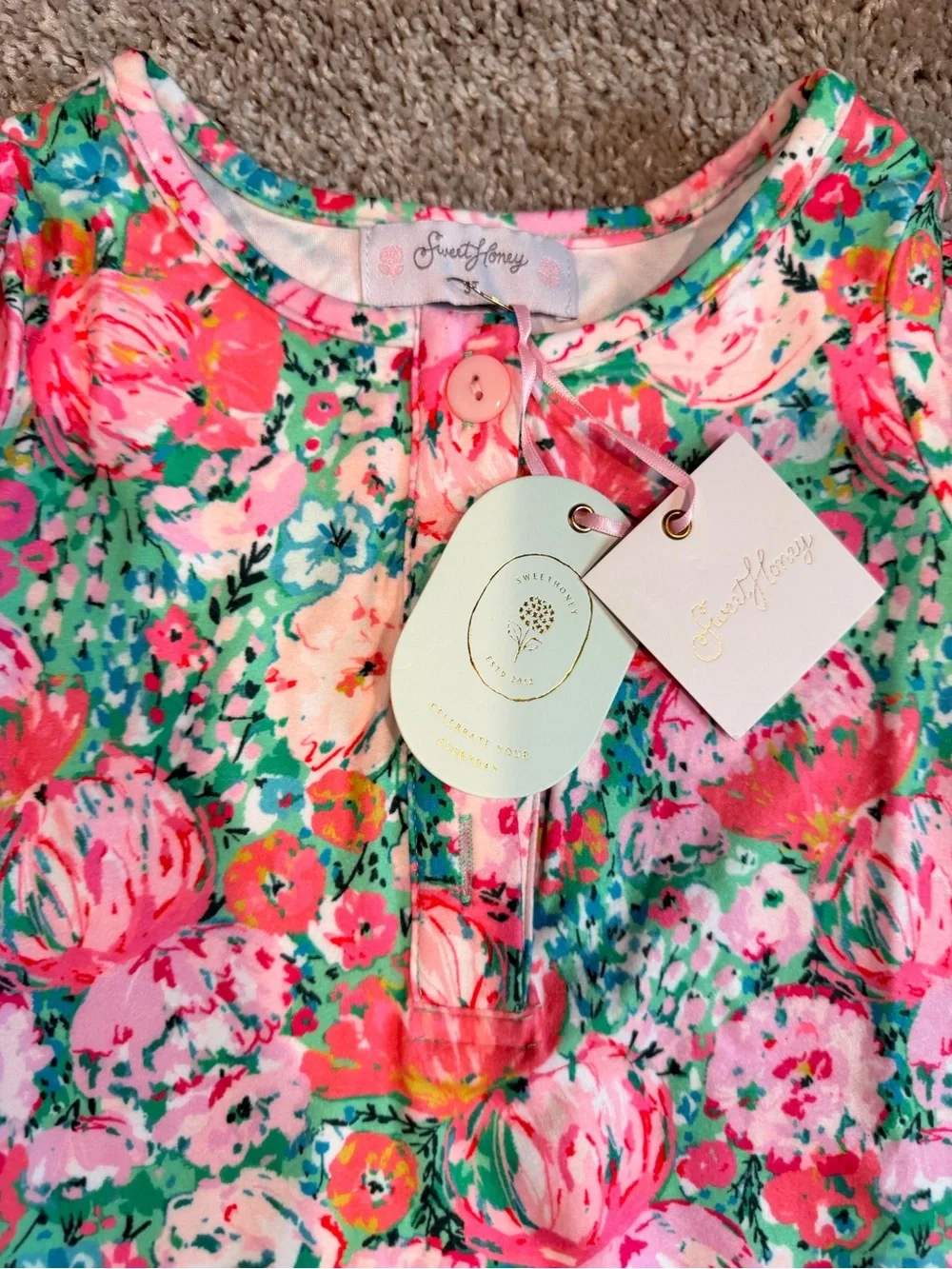 NWT SweetHoney Floral Ruffle Pajama Nightgown Set - Pink & Green